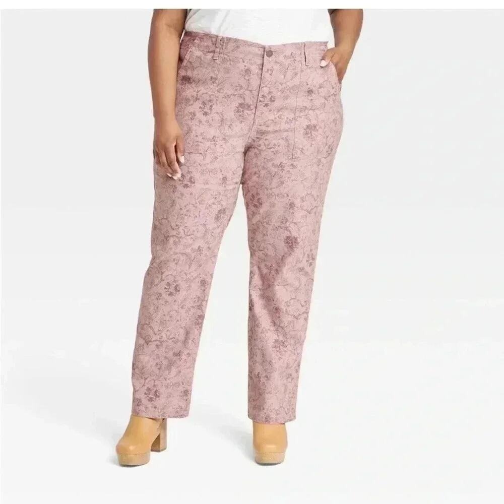 Knox Rose Womens denim Pants Straight‎ dusty pink floral cottagecore